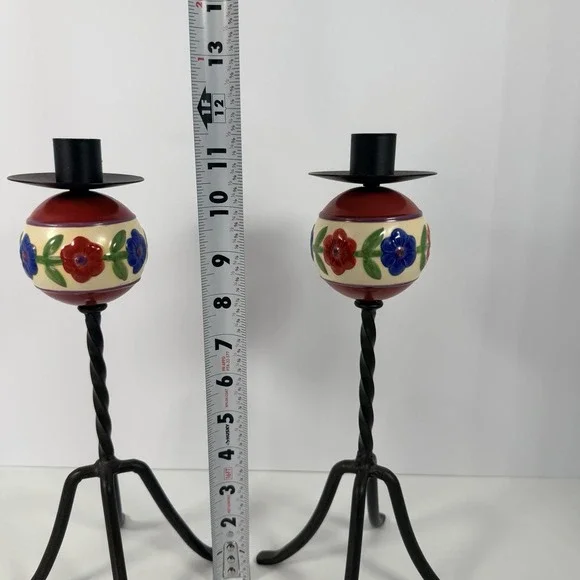 Jim Shore Candlestick Set Wrought Iron Folk Art Floral Ceramic Ball Red and Blue - Picture 7 of 10